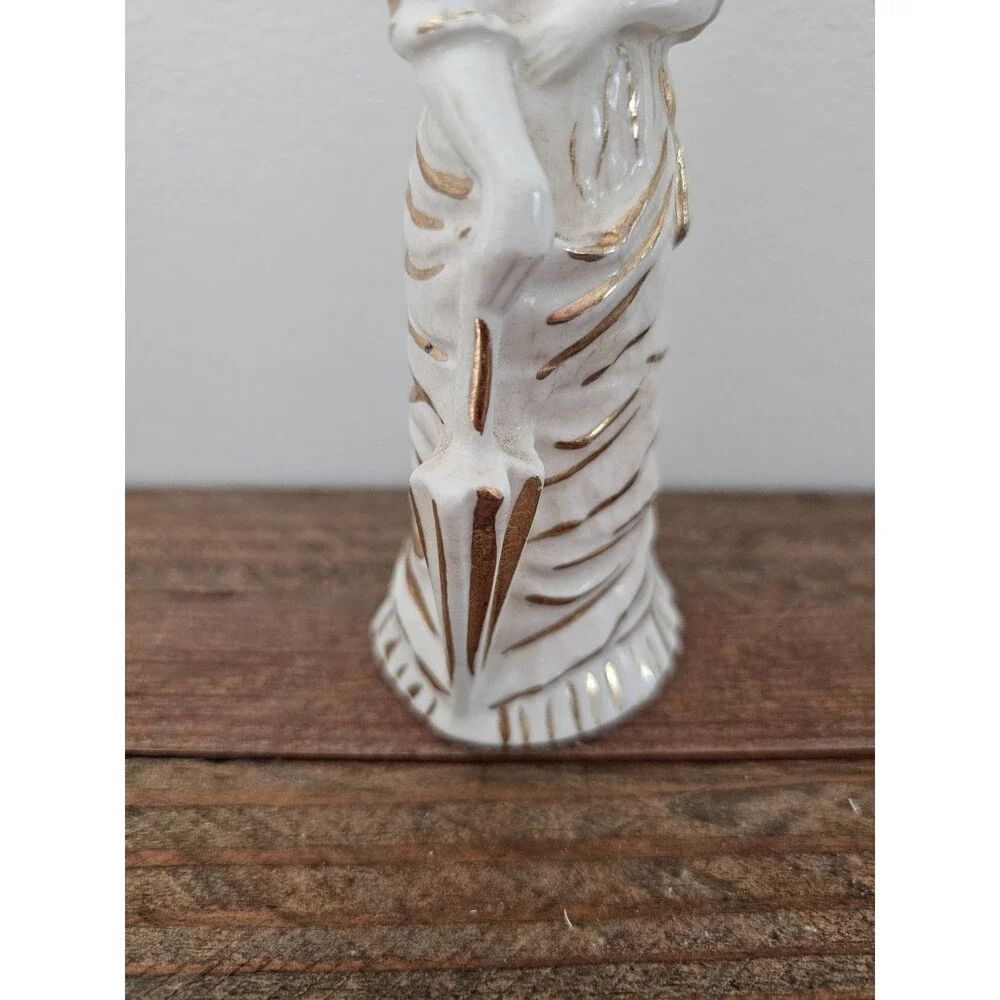 Pair of Vintage Midcentury Ceramic Lady Figurines with Parasols Cream and Gold